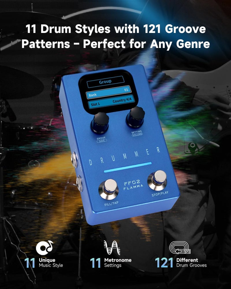 FLAMMA FF02 Drum Machine Guitar Pedal - 121 Drum Grooves, 11 Music Genres, Tap Tempo, Adjustable Rhythms, Stereo I/O for Live & Studio Use - Image 2